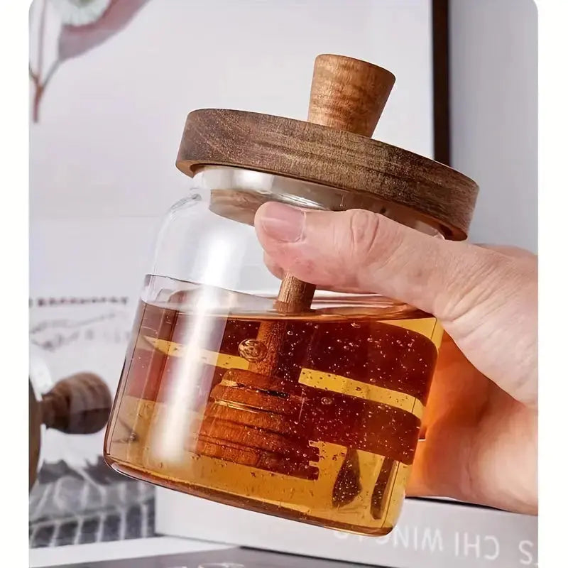 1pc, Premium Honey Jar With Wooden Stirring Stick, High Borosilicate Glass Honey Bottle, Transparent Honey Storage Jar, Kitchen Storage Items Mortier-Et-Pilon