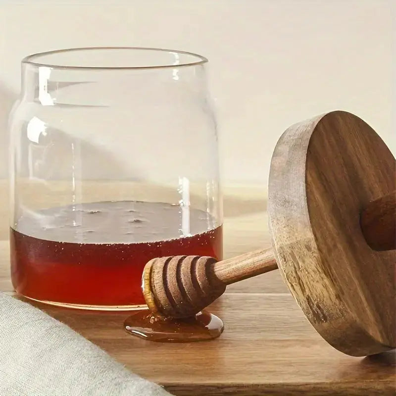 1pc, Premium Honey Jar With Wooden Stirring Stick, High Borosilicate Glass Honey Bottle, Transparent Honey Storage Jar, Kitchen Storage Items Mortier-Et-Pilon